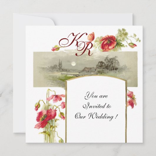 Invitation MONOGRAMME ROMANTİCA / POPIES, rouge, vert, blanc (Devant)