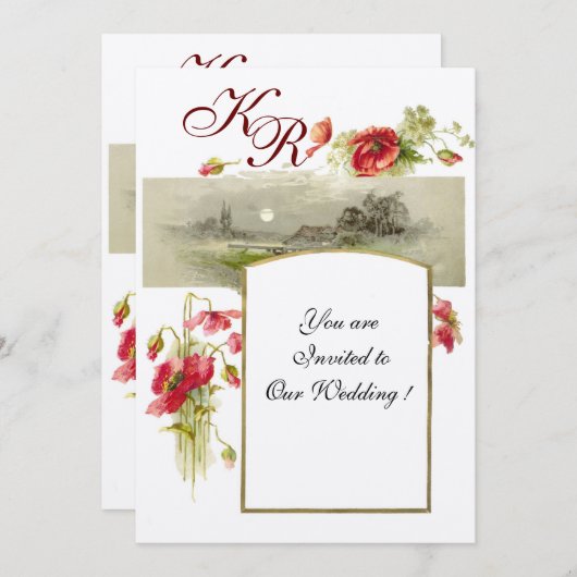 Invitation MONOGRAMME ROMANTİCA / POPIES, rouge, vert blanc (Devant / Derrière)