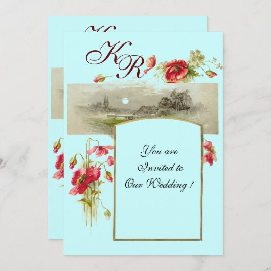 Invitation MONOGRAMME ROMANTİCA / POPIES, rouge, vert, bleu (Devant / Derrière)