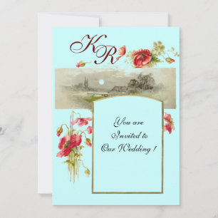 Invitation MONOGRAMME ROMANTİCA / POPIES, rouge, vert, bleu