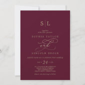 Invitation Monogramme romantique Bourgogne Code QR Retour Mar (Devant)
