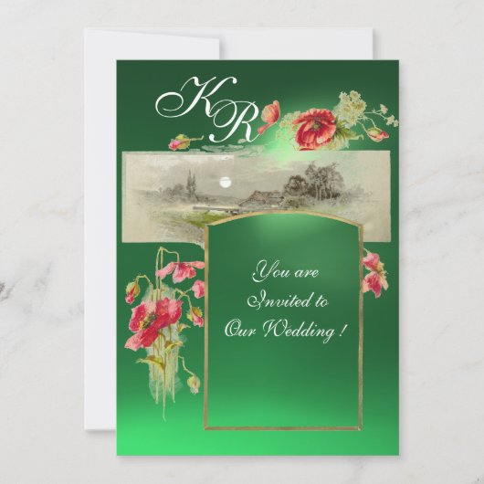 Invitation MONOGRAMME ROMANTİQUE / COQUELICOTS,rouge,jade ver (Devant)