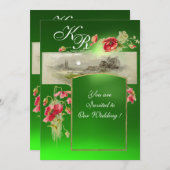 Invitation MONOGRAMME ROMANTİQUE / COQUELICOTS, rouge, vert é (Devant / Derrière)