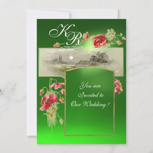 Invitation MONOGRAMME ROMANTIQUE / COQUELICOTS,rouge,vert éme (Devant)