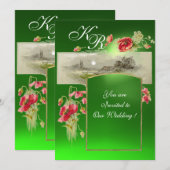 Invitation MONOGRAMME ROMANTIQUE / COQUELICOTS,rouge,vert éme (Devant / Derrière)