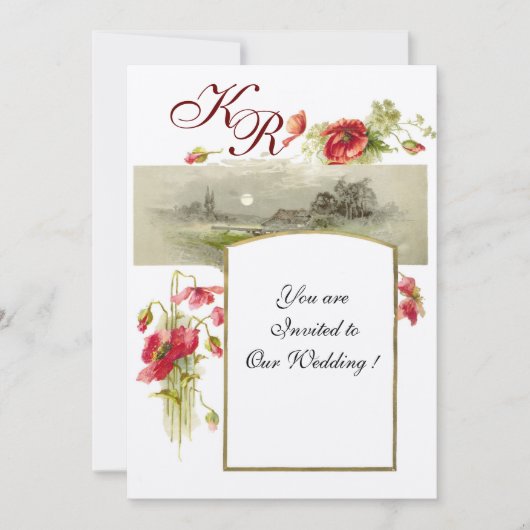 Invitation MONOGRAMME ROMANTIQUE / COQUELICOTS,rouge,vert,feu (Devant)