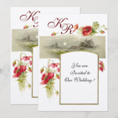 Invitation MONOGRAMME ROMANTIQUE / COQUELICOTS,rouge,vert,feu (Devant / Derrière)