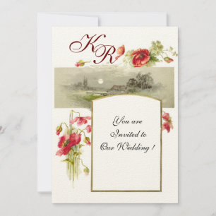 Invitation MONOGRAMME ROMANTIQUE / COQUELICOTS,rouge,vert,feu