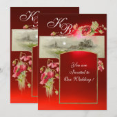 Invitation MONOGRAMME ROMANTIQUE / COQUELICOTS,rouge,vert,rub (Devant / Derrière)
