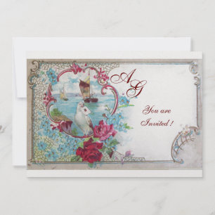 Invitation MONOGRAMME ROMANTIQUE, glace blanche rose rouge