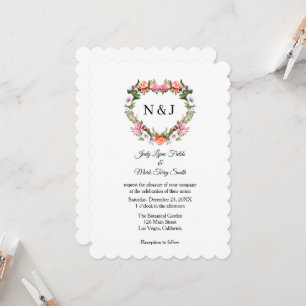 Invitation Monogramme Romantique Rose coeur floral