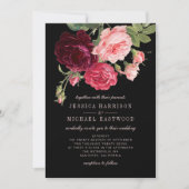 Invitation Monogramme Rose Bouquet Élégant Mariage noir (Devant)