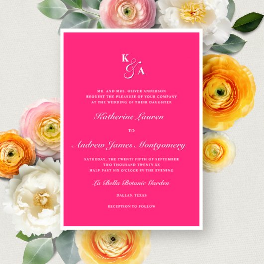 Invitation Monogramme rose chaud moderne Mariage officiel