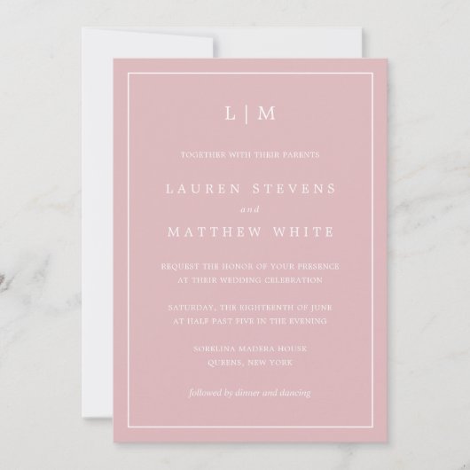 Invitation Monogramme rose clair simple Mariage élégant (Devant)