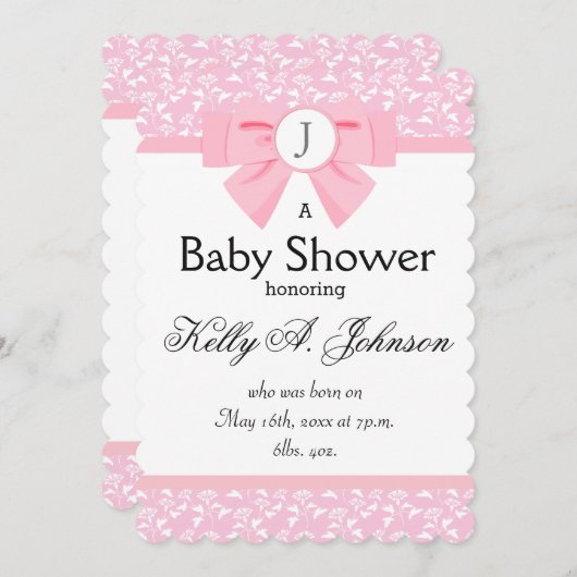 Invitation Monogramme rose en ruban avec impression florale (Devant / Derrière)