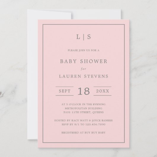 Invitation Monogramme rose et gris simple Baby shower fille (Devant)