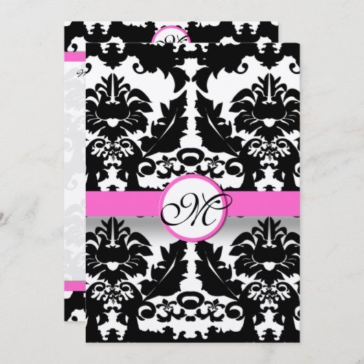 Invitation Monogramme rose et noir Mariage damassé victorienn (Devant / Derrière)