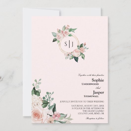 Invitation Monogramme rose Floral Blush en un seul Mariage (Devant)