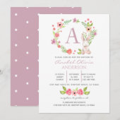 Invitation Monogramme Rose Floral Verdure Baptême Girl (Devant / Derrière)