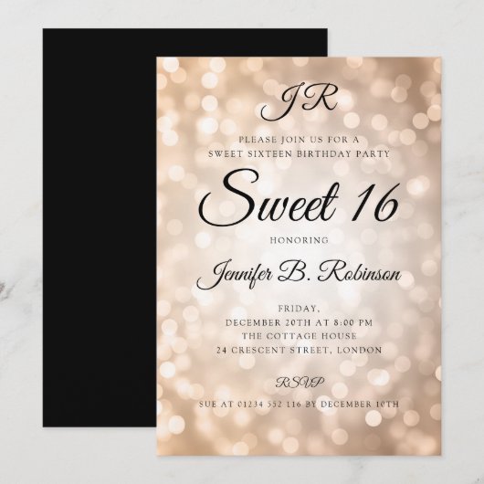 Invitation Monogramme Rose Gold Lights Sweet 16 Anniversaire (Devant / Derrière)