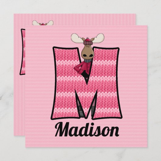 Invitation Monogramme rose M Fête d'anniversaire (Devant / Derrière)