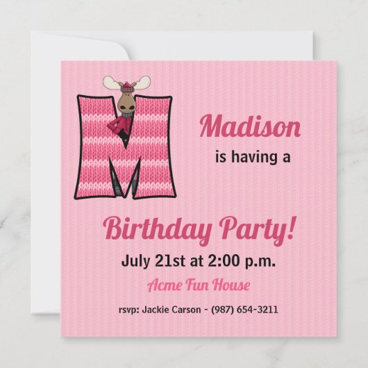 Invitation Monogramme rose M Fête d'anniversaire (Dos)