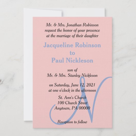 Invitation Monogramme rose Pink Blue Pastel (Devant)