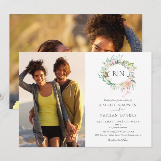 Invitation Monogramme Rose verdure Floral 2 Mariage photo (Devant / Derrière)