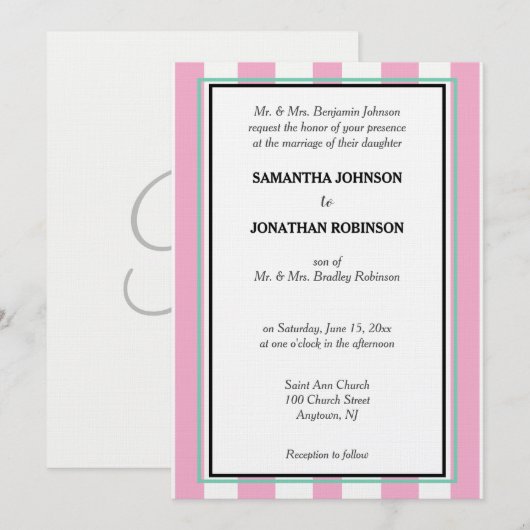 Invitation Monogramme Rose Vert Mousse de Mer Blanc Rayures (Devant / Derrière)