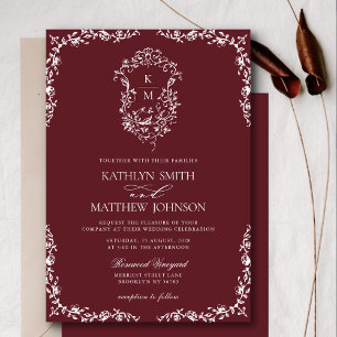 Invitation Monogramme rouge Bourgogne Floral Vintage Crest Ma