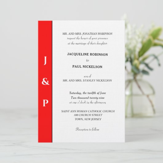 Invitation Monogramme Rouge et Blanc Minimaliste (Debout devant)