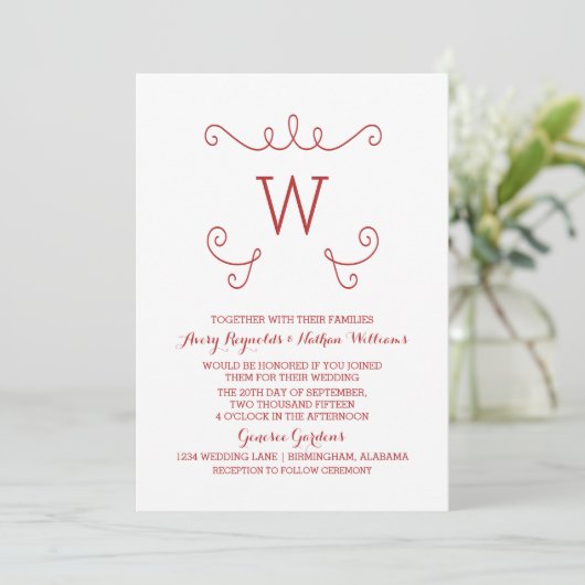 Invitation Monogramme rouge Whimsical Flourish (Debout devant)