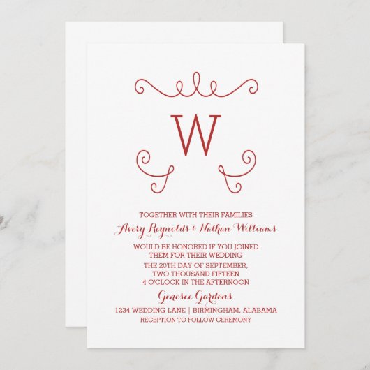 Invitation Monogramme rouge Whimsical Flourish (Devant / Derrière)