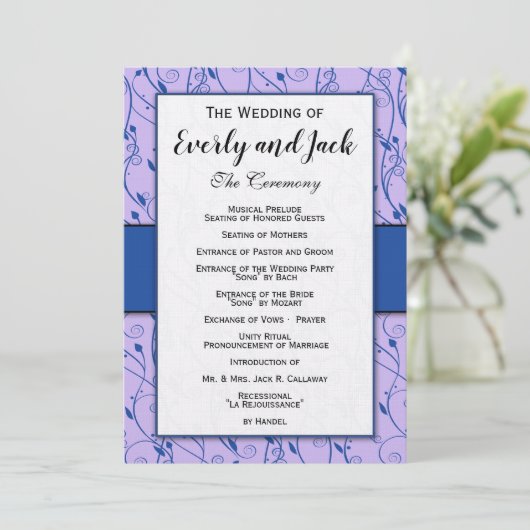 Invitation Monogramme Royal Blue Lilac Swirl Wedding Programm (Debout devant)