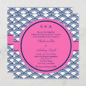 Invitation Monogramme Royal Blue, Mariage rose Seigaiha (Devant / Derrière)