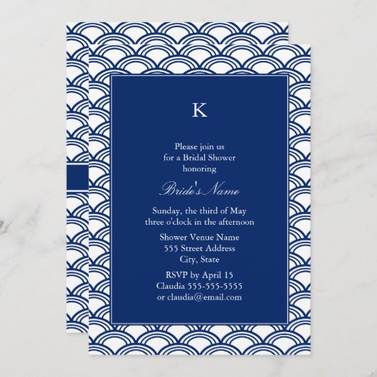 Invitation Monogramme Royal Blue Seigaiha Motif Fête des mari (Devant / Derrière)