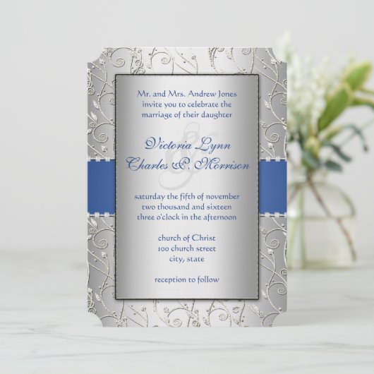 Invitation Monogramme Royal Blue Silver Swirl Mariage (Debout devant)