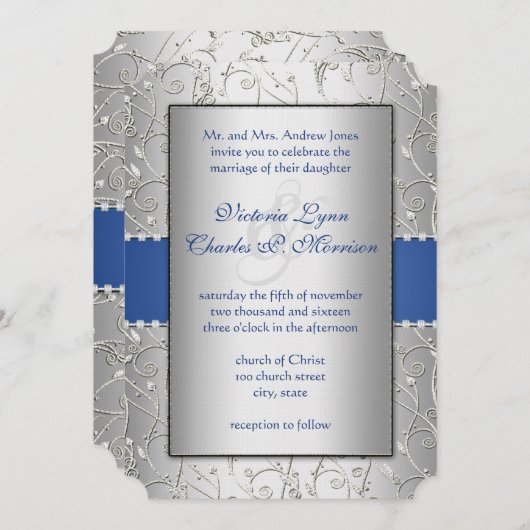 Invitation Monogramme Royal Blue Silver Swirl Mariage (Devant / Derrière)
