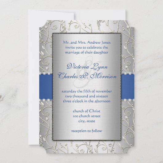 Invitation Monogramme Royal Blue Silver Swirl Mariage (Devant)