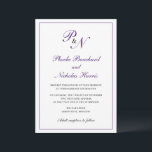 Invitation Monogramme royal violet traditionnel Mariage éléga<br><div class="desc">Faire-part de mariage classique et classe avec un design simple avec vos deux monogrammes initiaux et vos noms dans une élégante calligraphie royale violet à l'intérieur d'une mince bordure. Le dos est violet solide. Ce design classique est parfait pour un mariage formel à l'automne/automne.</div>