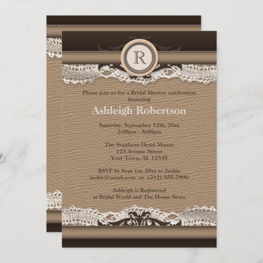 Invitation Monogramme rustique Burlap & Fête des mariées dent (Devant / Derrière)