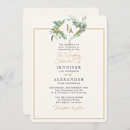 Invitation Monogramme rustique or verdure Eucalyptus Mariage (Devant / Derrière)