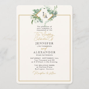 Invitation Monogramme rustique or verdure Eucalyptus Mariage
