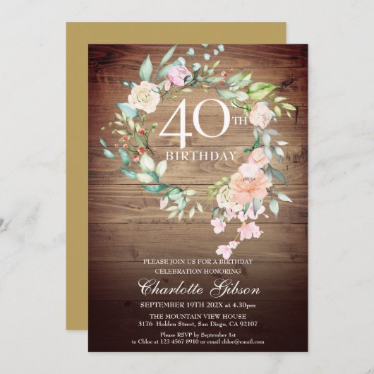 Invitation Monogramme rustique Rose Garland 40e anniversaire (Devant / Derrière)
