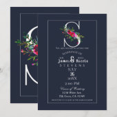 Invitation Monogramme S initiale moderne florale bleue de mar (Devant / Derrière)