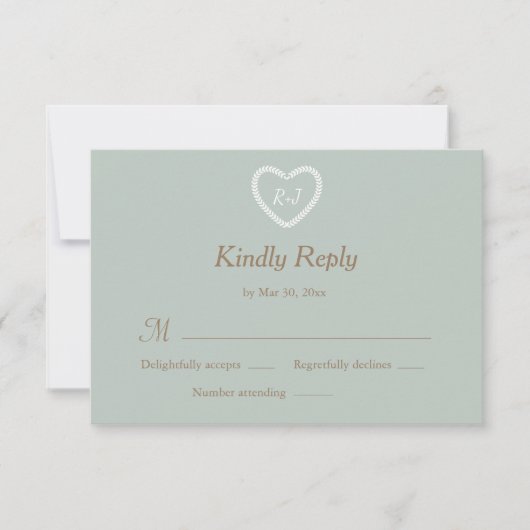 Invitation Monogramme Sage Blanc Coeur Or Formé Mariage RSVP (Devant)