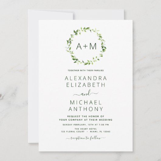 Invitation Monogramme Sage Emerald Green Floral Mariage (Devant)