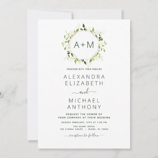 Invitation Monogramme Sage Emerald Green Floral Mariage (Devant)