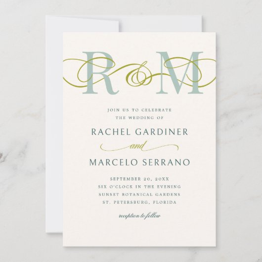 Invitation Monogramme Sage Olive Green QR Code Mariage (Devant)