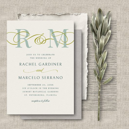 Invitation Monogramme Sage Olive Green QR Code Mariage